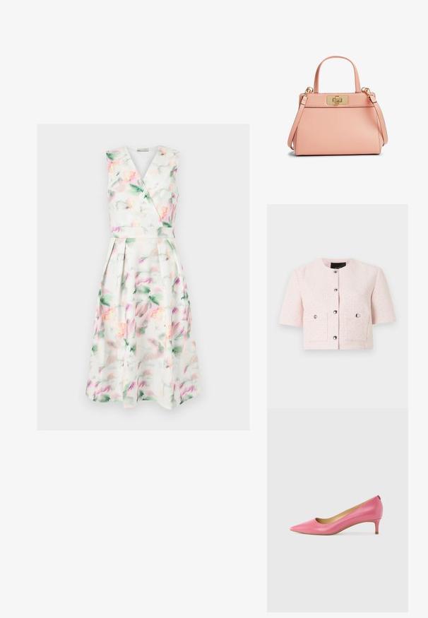 Veste texturée rose clair à manches courtes avec encolure ronde, boutons argentés sur le devant et deux poches à rabat avec fermeture par bouton.; Robe midi blanche sans manches avec imprimé floral aquarelle pastel, corsage cache-cœur en V, taille cintrée et jupe plissée.; Escarpin en cuir rose à bout pointu, avec un talon bas et une texture lisse. Dispose d'une découpe sur le côté et d'un design minimaliste.; Petit sac à main en cuir rose poudré avec un fermoir rectangulaire doré à tournant, de petites poignées et une bandoulière amovible.