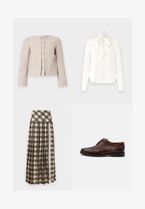 Beige Tweed-Blazer mit rundem Ausschnitt, vorderer Knopfverschluss und langen Ärmeln. Verfügt über ein strukturiertes Muster und einen subtilen Glanz.; Weißes Langarmbluse aus leichtem Stoff mit hohem Kragen und großem Schleifendetail am Hals, mit einer Knopfleiste vorne.; Langer, plissierter Rock mit einem braun-beigen karierter Muster. Hoch geschnittenes Design mit einem Seitenschlitz und weichem Stoffgefühl.; Brauner Herren-Wingtip-Lederschuh mit Brogue-Details und karierten Stoff-Seitenteilen, von der Seite auf weißem Hintergrund dargestellt.