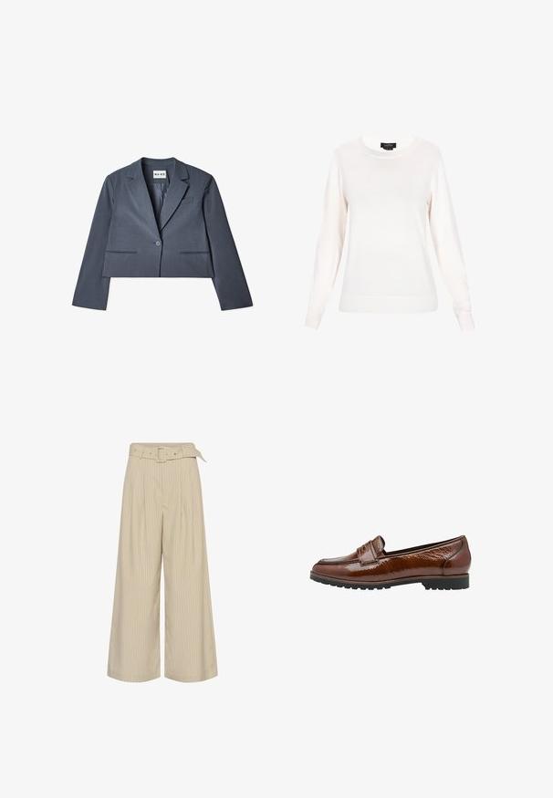 Skåret grå blazer lavet af glat stof, der har to forlommer, en enkelt knaplukning og en notched revers. Foring synlig indvendigt.; Hvid crew-neck sweater lavet af blødt, let materiale med lange ærmer og ribbet mansjetter og bund. Enkel design uden mønstre eller accenter.; Beige bukser med vide ben og tynde lodrette striber samt et matchende bælte med rektangulært spænde i taljen.; Brune læderloafer med en blank finish, der har en syningsdetalje på overdel, gummisål og en lav hæl.
