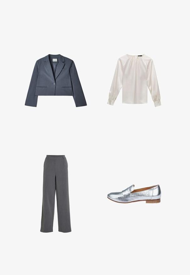 Skåret grå blazer lavet af glat stof, der har to forlommer, en enkelt knaplukning og en notched revers. Foring synlig indvendigt.; Hvid satinbluse med lange ærmer, rund halsudskæring og indsamlet detalje. Har let puffede ærmer og en glat tekstur.; Lysegrå bukser med høj talje og vidde i benene, med bæltestropper og sidelommer, designet til en løs og behagelig pasform.; Sølv metallic loafers med en glat overflade, rund tå og minimal syning. Har en lav stablet hæl og blødt indvendigt for.