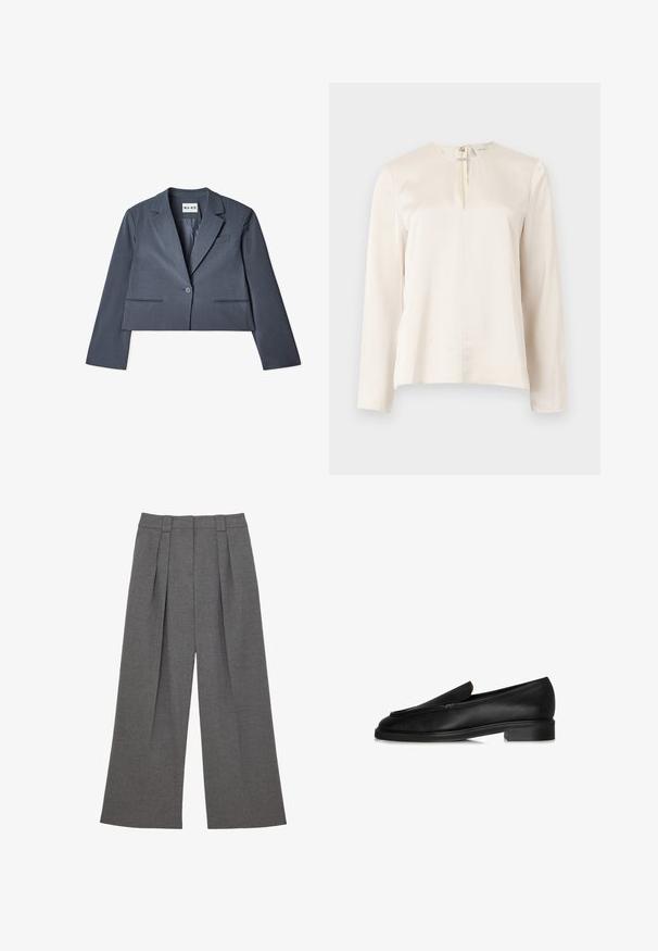 Skåret grå blazer lavet af glat stof, der har to forlommer, en enkelt knaplukning og en notched revers. Foring synlig indvendigt.; Cremefarvet bluse med lange ærmer, rund halsudskæring, frontplissering og skjult lynlås bagpå. Glat, silkeblød tekstur.; Grå bukser med højtaljet, vide ben med frontplisser og en tætsiddende talje, designet i et glat stof.; Sorte læderloafer med flad sål, der har et syet design og en subtil detalje på toppen. Glat tekstur og en slank silhuet.