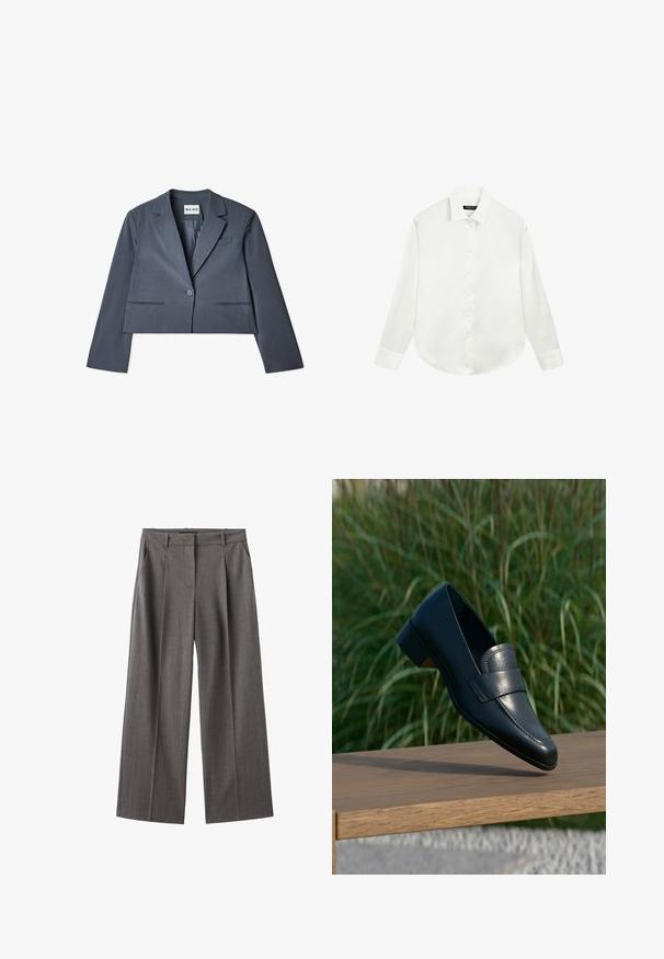 Skåret grå blazer lavet af glat stof, der har to forlommer, en enkelt knaplukning og en notched revers. Foring synlig indvendigt.; Hvid skjorte med lange ærmer, krave og manchetter, lagt fladt ud med knapperne fastgjort i midten foran.; Grå brede bukser med en skråstribemønster, der har høj talje, læg og en glat tekstur. Fremstillet af et let materiale.; Sort læderloafer med lav hæl, der balancerer på kanten af en træbænk udendørs med højt grønt græs i baggrunden.