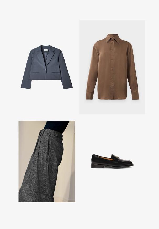 Blazer gris raccourci en tissu lisse, doté de deux poches avant, d'une fermeture à un seul bouton et d'un col cranté. Doublure visible à l'intérieur.; Chemise marron à manches longues avec un col et des poignets pointus, présentée sur un fond blanc uni.; Personne portant un pantalon gris à taille haute texturé avec des plis à l'avant et un haut noir, montré de profil sur un fond uni.; Mocassin en cuir noir avec un bout arrondi, une silhouette élancée et une sangle décorative avec accent en métal sur le dessus. Semelle en caoutchouc plate.