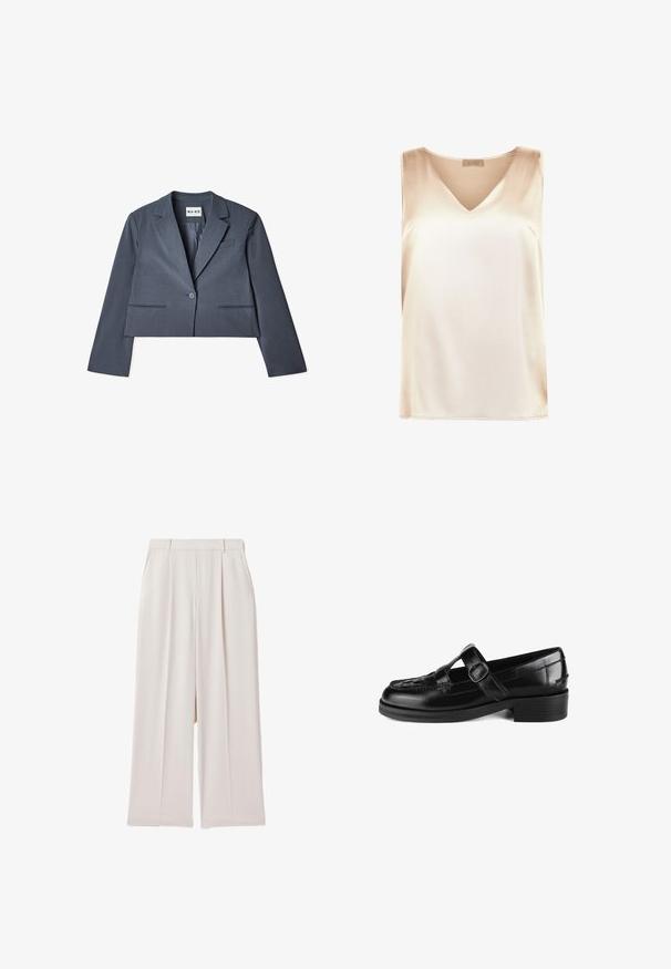 Skåret grå blazer lavet af glat stof, der har to forlommer, en enkelt knaplukning og en notched revers. Foring synlig indvendigt.; Beige ærmeløs top lavet af glat stof med v-hals design og lige kant. Minimalistisk stil uden yderligere mønstre eller accenter.; Beige bukser med vide ben, høj talje, forreste læg og sidelommer, velegnet til både formelt og afslappet brug.; Sort læder loafers med en lav blokhæl, en spænde rem over vristen og vævet detaljering på tæerne.