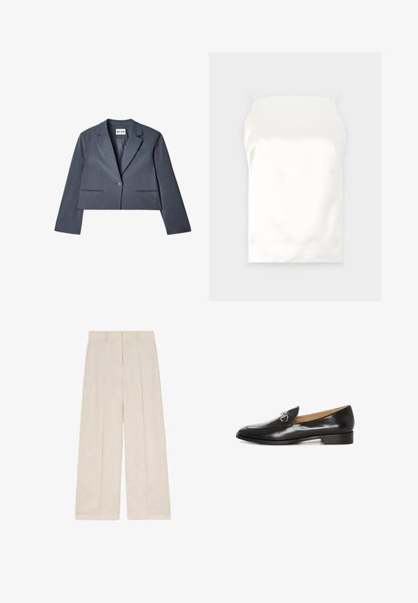 Skåret grå blazer lavet af glat stof, der har to forlommer, en enkelt knaplukning og en notched revers. Foring synlig indvendigt.; Hvid satin cami med tynde stropper, glat tekstur, rektangulær form og ingen synlige mønstre eller accenter.; Beige bukser med vide ben, frontfolder, bæltestropper og et rent, skræddersyet design.; Sorte læder loafers med et slankt design, flad hæl og hardwaredetalje i sølvfarve foran. Glat tekstur med spids tåform.