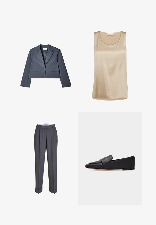 Skåret grå blazer lavet af glat stof, der har to forlommer, en enkelt knaplukning og en notched revers. Foring synlig indvendigt.; Ærmeløs beige satin top med rund halsudskæring og Mos Mosh mærkat inde i kraven.; Mørkegrå skræddersyede bukser med lige ben, plisseret for og opsmøgte manchetter. Lavet af glat stof med en klassisk talje.; Sort læderflad loafer med spids tå, bred rem over fronten og lys brun sål, vist i profil på hvid baggrund.
