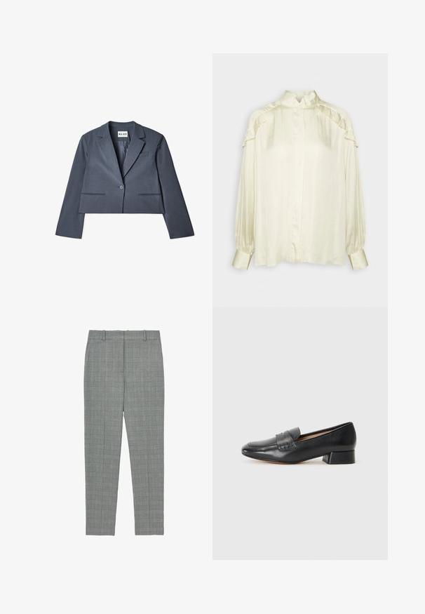 Skåret grå blazer lavet af glat stof, der har to forlommer, en enkelt knaplukning og en notched revers. Foring synlig indvendigt.; DAY Birger et Mikkelsen COURTNEY MODERN DRAPE - Skjortebluser - cloud cream; Grå ternede tapered bukser med bæltestropper og flad front, designet til en skræddersyet pasform.; Sorte læder loafers med en lav blokhæl, der har et syet design på forfoden og en glat overflade. Klassisk og struktureret form.