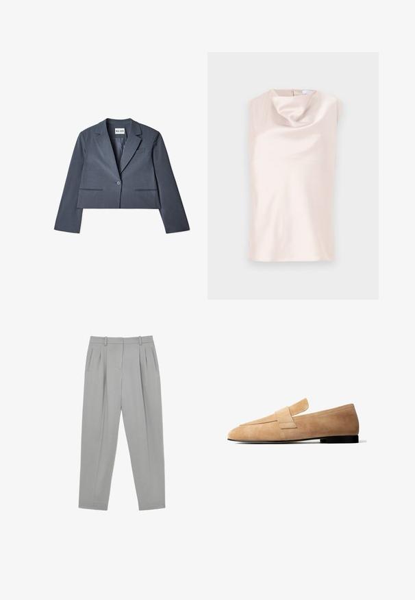 Skåret grå blazer lavet af glat stof, der har to forlommer, en enkelt knaplukning og en notched revers. Foring synlig indvendigt.; Ærmeløs top i silkelignende stof i blød beige med en draperet cowl-halsudskæring. Har en diskret lynlås bagpå og en glat, blank tekstur.; Lysegrå skræddersyede bukser med forlommer, sidelommer med slidser, bæltestropper og straight-fit ben.; Lysebrun ruskindsløs loafer med en lav sort hæl og en bred remdetalje tværs over toppen, vist i sideprofil på hvid baggrund.