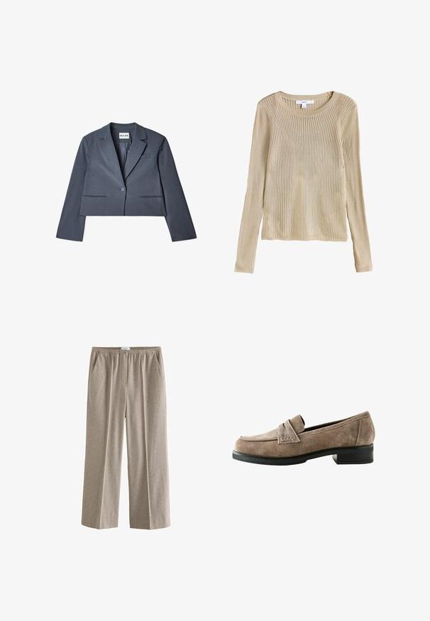 Blazer gris raccourci en tissu lisse, doté de deux poches avant, d'une fermeture à un seul bouton et d'un col cranté. Doublure visible à l'intérieur.; Pull en maille beige côtelée à manches longues avec col rond et coupe près du corps, présenté à plat avec étiquette visible au niveau du col.; Pantalons beiges à jambes larges avec une taille élastique. Fabriqués dans un tissu doux et texturé avec un motif à peine chiné. Comprend des poches latérales.; Mocassins en suede marron avec un petit talon noir empilé. Présentent un détail cousu à l'avant et une doublure intérieure lisse. Design à bout rond.