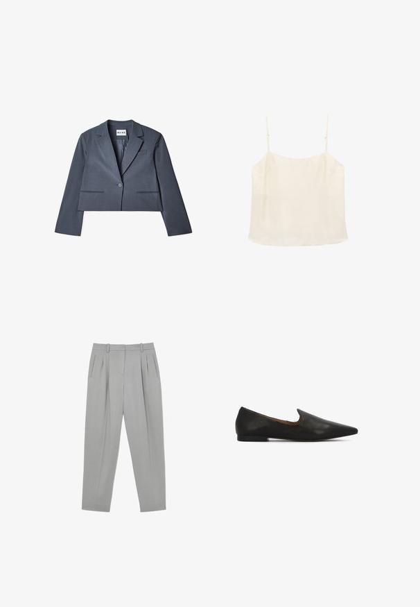 Skåret grå blazer lavet af glat stof, der har to forlommer, en enkelt knaplukning og en notched revers. Foring synlig indvendigt.; Flødefarvet ærmeløs camisole-top med tynde justerbare stropper og en lige halsudskæring på hvid baggrund.; Lysegrå formelle bukser med frontplisser, sidelommer, bæltestropper og en tilspidset benform.; Sorte læderballerinaer med spids tå, lav tekstureret hæl og et elegant udskåret område omkring vristen for nem at kunne tage dem af og på.