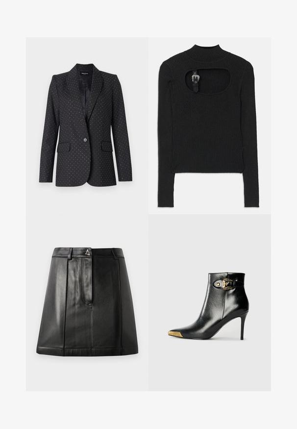 Zadig & Voltaire VAVY STRASS - Σακάκι - black; Μαύρο ριγωτό cropped τοπ με μακριά μανίκια, ψηλό λαιμό και κοψίματα κάτω από το λαιμό. Περιλαμβάνει ιμάντα και κλείσιμο με αξεσουάρ.; Μαύρη δερμάτινη φούστα με δομημένο σχήμα, διαθέτει μπροστινή τσέπη και μεταλλική λεπτομέρεια στη μέση. Λείος υφασμάτινος χαρακτήρας και ραφές.; Μαύρο μποτάκι αστραγάλου από λαμπερό δέρμα, με μυτερή μύτη, τακούνι στιλέτο και χρυσούς μεταλλικούς εξαρτήματς με διακοσμητική αγκράφα.