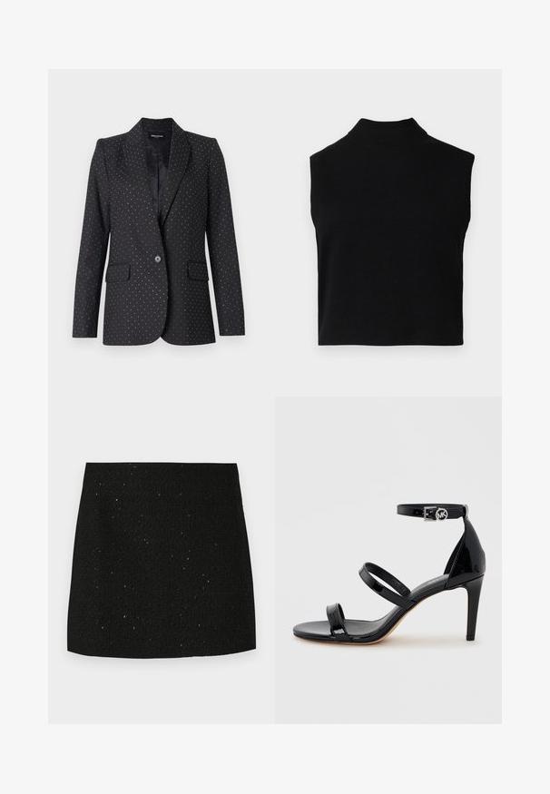 Zadig & Voltaire VAVY STRASS - Σακάκι - black; Μαύρο χωρίς μανίκια τοπ με σχέδιο που τονίζει τη σιλουέτα, φτιαγμένο από μαλακό ύφασμα, με ριγέ λαιμό και λεία υφή.; Μαύρη υφασμάτινη μίνι φούστα με διακριτικές γυαλιστερές βούλες, ίσια γραμμή και χωρίς ορατές διακοσμήσεις ή σχέδια.; Μαύρο σανδάλι από δερμάτινο λουστρίνι με ψηλό τακούνι, τρεις λεπτές λωρίδες και λουρί στον αστράγαλο με στρογγυλή αγκράφα.