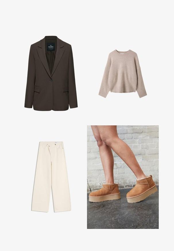 Blazer marron foncé à un bouton avec revers crantés et poches à rabat devant, étiquette Pull&Bear, taille EUR M USA M MEX 28.; Pull beige en laine à manches longues avec col rond côtelé, poignets et ourlet, présenté sur fond blanc.; Pantalon large couleur écru avec poches avant, passants pour ceinture, et boutons argentés sur la ceinture et les bords des poches.; Bottines en suède marron avec une doublure en peluche, semelle épaisse en beige et une poignée à l'arrière. Surface texturée avec des détails de couture visibles.