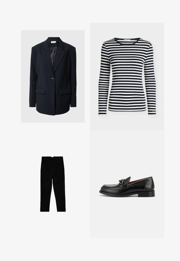 Skræddersyet sort blazer med klapkraver, enkelt knaplukning, to forlommer og teksturerede detaljer på ærmerne. Glat stof.; Langærmet skjorte med navy og hvide horisontale striber og rund halsudskæring, mærket GANT på ærmekanten.; Sorte skræddersyede ankelkorte bukser med sidelommer og let tilspidset ben, vist fladt på en hvid baggrund.; Sort læderloafer med lav hæl, rundet tå og dekorativ metalspænde foran.