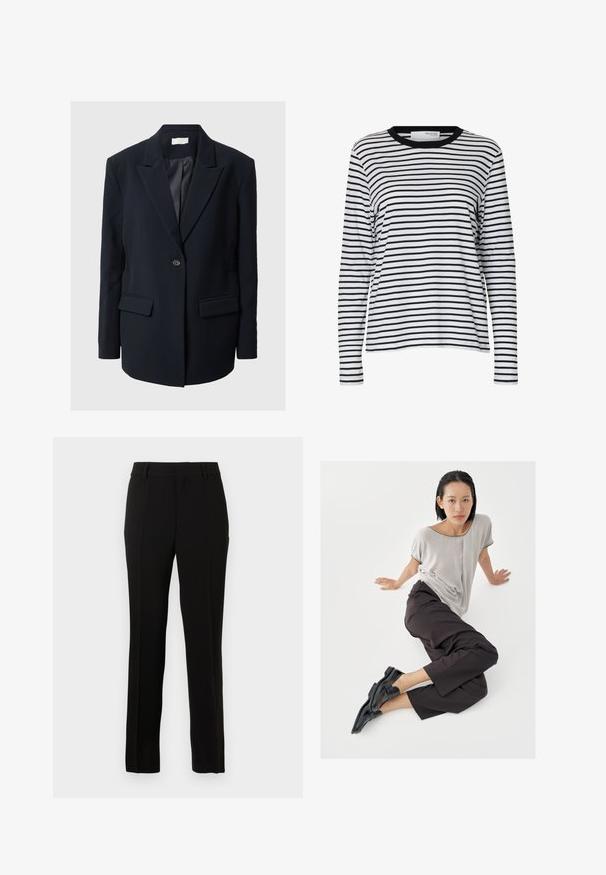 Skræddersyet sort blazer med klapkraver, enkelt knaplukning, to forlommer og teksturerede detaljer på ærmerne. Glat stof.; Hvid langærmet skjorte med sorte vandrette striber og en sort rund hals, vist på en ensartet hvid baggrund.; Sorte skræddersyede bukser lavet af et glat materiale, med lige snit, pressefolder, bæltesløjfer og lynlås til lukning.; Lysegrå top med korte ærmer, mørke bukser med vide ben og sorte loafers. Glat stof, afslappet pasform og kontrastfarvet kant på skjorten.