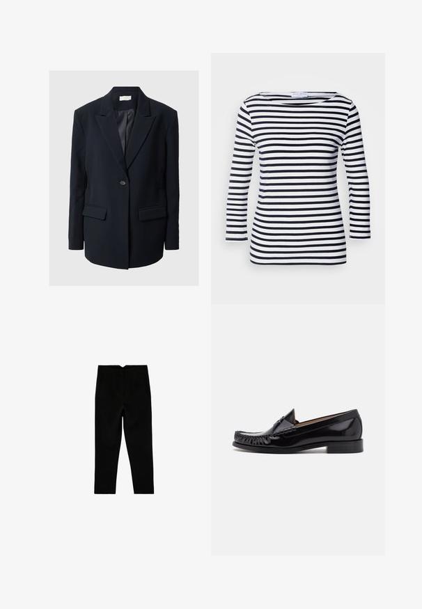 Skræddersyet sort blazer med klapkraver, enkelt knaplukning, to forlommer og teksturerede detaljer på ærmerne. Glat stof.; Marineblå og hvide stribede langærmede top med en bred halsudskæring og blødt, strækbart stof. Har jævne vandrette striber hele vejen igennem.; Sorte skræddersyede ankelkorte bukser med sidelommer og let tilspidset ben, vist fladt på en hvid baggrund.; Sorte læder moccasin sko med en skinnende finish, der har frynsedetaljer langs fronten og en lav stabelhælk.