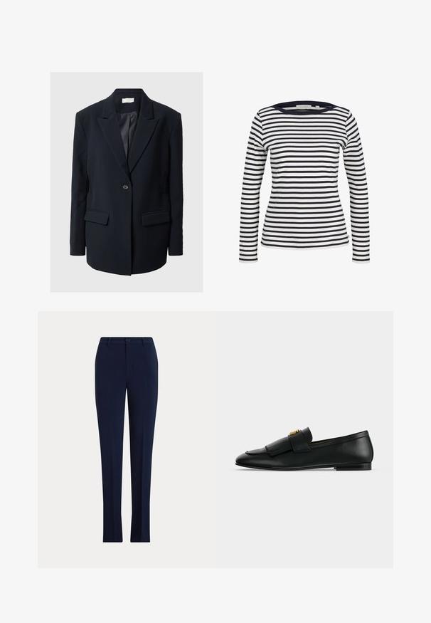 Skræddersyet sort blazer med klapkraver, enkelt knaplukning, to forlommer og teksturerede detaljer på ærmerne. Glat stof.; TOM TAILOR DENIM Langærmet T-shirt - navy/white; Mørkeblå skræddersyede bukser med lige ben med knap og bælteholdere på en lys baggrund.; Sort læderloafer med frynset frontklap og spæde guldlås på en ensfarvet lys grå baggrund.
