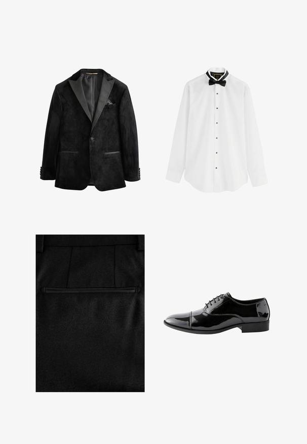 Veste de smoking en velours noir avec revers en satin, fermeture à un bouton et deux poches avant. Comprend un mouchoir de poche et une texture douce.; Chemise blanche à manches longues avec des boutons noirs et un nœud papillon noir. Présente un contour de col noir et un design d'ourlet arrondi.; Pantalons en tissu noir avec une texture douce, une poche arrière zippée et des coutures sur mesure pour un aspect ajusté.; Chaussure Oxford en cuir noir brillant avec bout droit, laçage fermé et petit talon, vue de profil sur fond blanc.