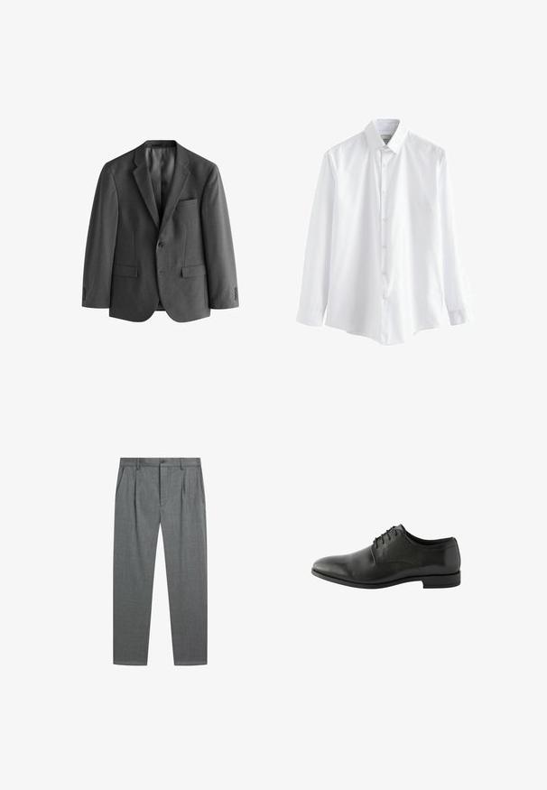 Blazer gris en tissu texturé, avec une fermeture à un bouton, des revers notch et une poche poitrine. Deux poches avant incluses.; Chemise blanche à manches longues en coton. Présente un col classique, une fermeture à boutons sur le devant et un ourlet arrondi. Texture lisse sans motifs.; Pantalon formel gris avec plis à l’avant, poches latérales, passants de ceinture et fermeture par bouton à la taille sur fond blanc.; Chaussure habillée en cuir noir avec un design élégant, bout pointu, six œillets et une semelle en caoutchouc plate et basse. Texture lisse avec un minimum de détails.