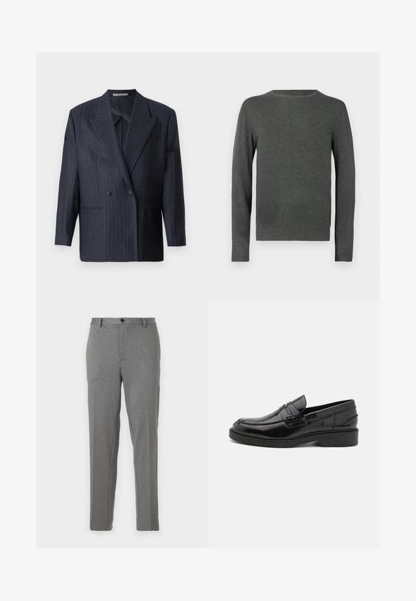Marineblå stribet dobbeltradet blazer med brede revers, lavet af tekstureret stof. Funktioner lommer på fronten og to knapper.; Mørkegrå crew neck langærmet sweater med ribbede manchetter og kant, præsenteret på hvid baggrund.; Grå skræddersyede bukser med en glat tekstur, let mønster, lynlås- og knaplukning, forlommer og tapered ben.; Sorte læder loafers med en glat finish, rund tå, lav hæl og dekorativ syning langs forsiden. Gummisål for godt greb.