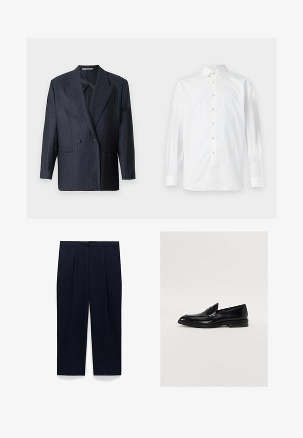 Marineblauwe gestreepte dubbelgeknoopte blazer met brede revers, gemaakt van een textuurstof. Voorzien van opgestikte zakken en twee knopen.; Wit overhemd met lange mouwen, knoopsluiting, spreidkraag en knoopmanchetten, weergegeven op een effen witte achtergrond.; Marineblauwe plissébroek met knoopsluiting, rechte pijpen en zijzakken. Soepele stof met een glanzende afwerking.; Zwarte leren instapper met ronde neus, subtiele stiksels en een gladde afwerking. Beschikt over een lage gestapelde hak en een band over de wreef.