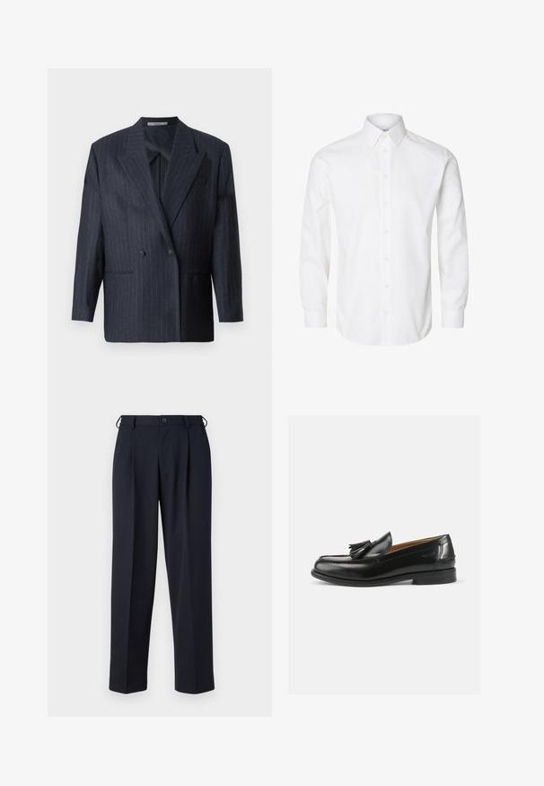 Blazer de rayas navy de doble botonadura con solapas anchas, hecho de una tela texturizada. Presenta bolsillos parche y dos botones.; Camisa blanca de manga larga con cuello puntiagudo, botones visibles en la parte delantera y puños abotonados.; Pantalones azul marino a medida con cierre delantero de botón y cremallera, trabillas para cinturón y bolsillos laterales, mostrados sobre un fondo blanco.; Mocasines de cuero negro con un acento de borlas, punta redondeada y un acabado suave. La suela es plana con un patrón de relieve mínimo.