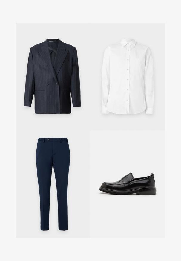 Blazer de rayas navy de doble botonadura con solapas anchas, hecho de una tela texturizada. Presenta bolsillos parche y dos botones.; Camisa blanca de manga larga con botones, hecha de algodón. Presenta un cuello puntiagudo y un pequeño logo bordado en el pecho. Textura suave.; Pantalones ajustados de color azul marino con pasadores para cinturón, cierre de botón y cinturilla elástica, mostrados sobre un fondo blanco.; Calvin Klein MOCCASIN - Mocasines elegantes - black