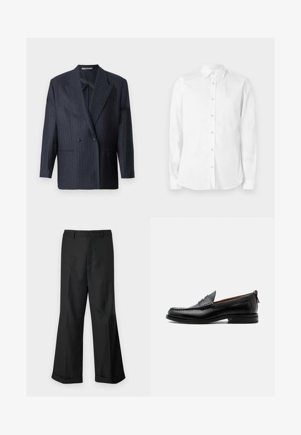 Blazer de rayas navy de doble botonadura con solapas anchas, hecho de una tela texturizada. Presenta bolsillos parche y dos botones.; Camisa blanca de manga larga con botones, hecha de algodón. Presenta un cuello puntiagudo y un pequeño logo bordado en el pecho. Textura suave.; Pantalones anchos negros con cintura abotonada y dobladillos con puños, exhibidos sobre un fondo blanco liso.; Mocasín de hombre de piel negra con costura moc toe, tira penny, cuello texturizado y tacón bajo apilado sobre fondo blanco.