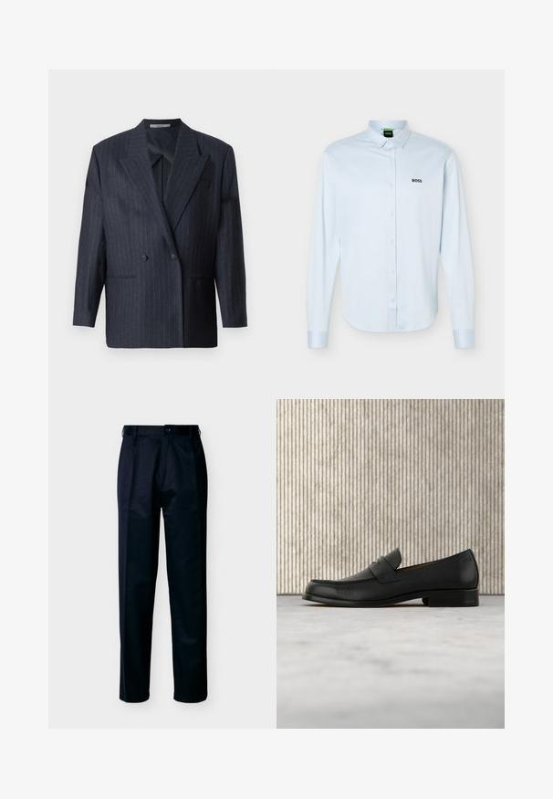 Navy striiped doppelt-knäppt blazer mit breiten Revers, aus strukturiertem Stoff. Verfügt über aufgesetzte Taschen und zwei Knöpfe.; Vaaleansininen pitkähihainen kauluksellinen paita, jossa on musta "BOSS"-logo vasemmassa rinnassa ja nappikiinnitteiset kalvosimet.; Miesten suoralahkeiset mustat housut, joissa on nappi- ja vetoketjusuljenta, vyölenkit ja etutaskut, valkoista taustaa vasten esitettyinä.; Musta nahkainen loaferi leijuu beigeä mattoa vasten, taustalla kiiltävä ruskea pyöreä pöytä.