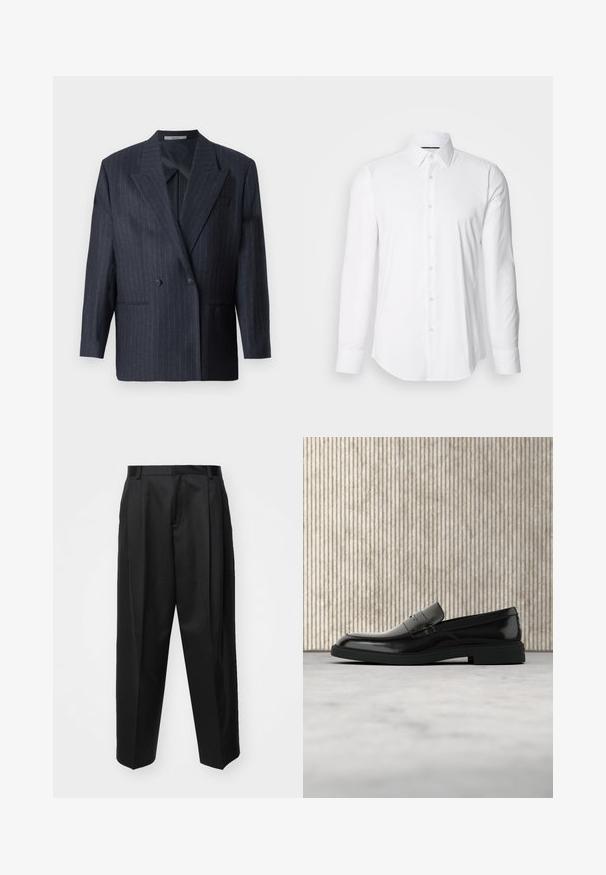 Blazer de rayas navy de doble botonadura con solapas anchas, hecho de una tela texturizada. Presenta bolsillos parche y dos botones.; Camisa blanca de manga larga hecha de tejido suave, con un cuello clásico y diseño de botones en la parte delantera, con un dobladillo curved. Los botones tienen un acabado ligeramente brillante.; Pantalones negros ajustados con cintura alta, perneras anchas y pliegues marcados. Fabricados en un tejido suave con trabillas para el cinturón y sin hardware visible.; Zapato loafer de cuero negro pulido flotando sobre una alfombra beige con muebles translúcidos naranjas de fondo.