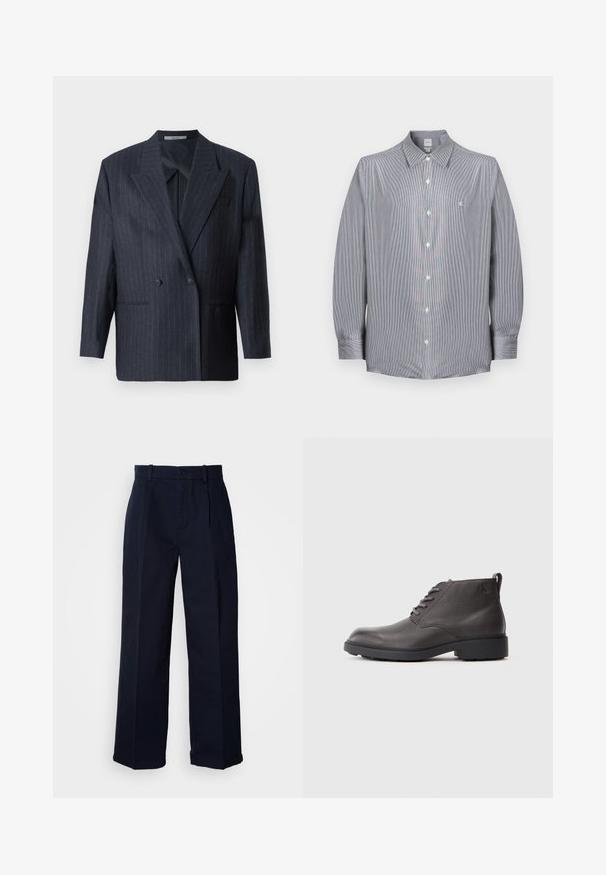 Marineblauwe gestreepte dubbelgeknoopte blazer met brede revers, gemaakt van een textuurstof. Voorzien van opgestikte zakken en twee knopen.; Herenoverhemd met lange mouwen en knopen, met fijne grijs-witte strepen, puntige kraag en klein wit geborduurd logo op de borst.; Donkerblauwe brede broek van katoen, met knoopsluiting, vouw aan de voorkant en een gladde textieloppervlakte.; Zwarte leren enkellaarsjes met een gestructureerde afwerking, ronde neus, veterluiting en een lage, stevige rubberen zool. Voorzien van een logo-detail aan de zijkant.