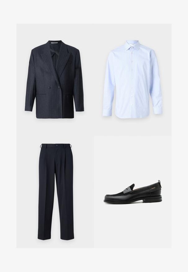 Marineblauwe gestreepte dubbelgeknoopte blazer met brede revers, gemaakt van een textuurstof. Voorzien van opgestikte zakken en twee knopen.; Lichtblauw en witte gestreepte langhouthals-shirt met een klassieke kraag, knopen aan de voorkant en manchetten, gemaakt van een gladde stof.; Donkerblauwe op maat gemaakte broek met knoop- en ritsluiting aan de voorkant, riemlussen en zijzakken, getoond op een witte achtergrond.; Zwarte leren loafer met grijs riemdetailelement, lage hak en gestructureerde zool, aan de zijkant gebrandmerkt met "HUGO" in goud.