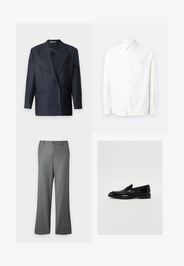 Blazer de rayas navy de doble botonadura con solapas anchas, hecho de una tela texturizada. Presenta bolsillos parche y dos botones.; Camisa blanca de manga larga y botones, hecha de una tela ligera. Presenta un bolsillo frontal, cuello clásico y una textura sutil.; Pantalones de rayas grises con un ajuste relajado, que presentan un cierre de botón, pasadores para cinturón y sutiles rayas azul claro en toda su superficie.; Mocasín de cuero negro con puntera redondeada, costuras sutiles y un acabado suave. Presenta un tacón bajo apilado y una correa sobre el empeine.