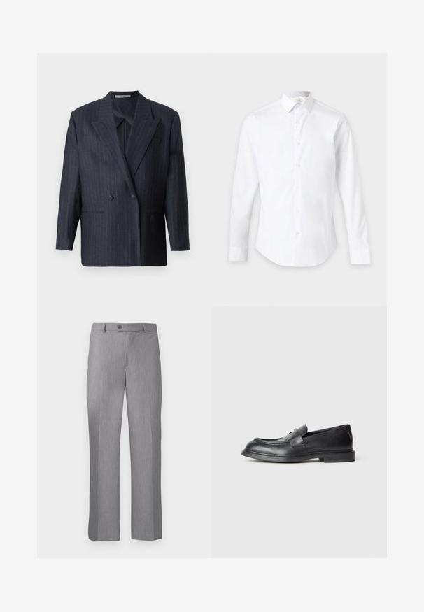 Blazer de rayas navy de doble botonadura con solapas anchas, hecho de una tela texturizada. Presenta bolsillos parche y dos botones.; Camisa blanca de manga larga con botones y cuello clásico, mostrada sobre un fondo claro y liso.; Pantalones de traje grises ajustados con pasadores para cinturón, botón frontal y cremallera, con un corte de pierna recta.; Mocasines de cuero negro con acabado texturizado, que cuentan con una correa decorativa en la parte delantera y punta redondeada. Suela de goma para mayor durabilidad.