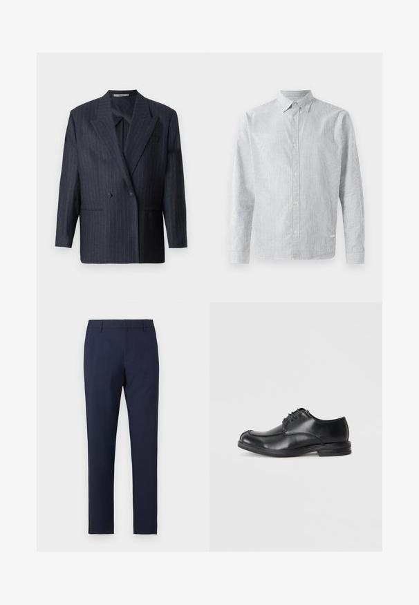 Marineblå stribet dobbeltradet blazer med brede revers, lavet af tekstureret stof. Funktioner lommer på fronten og to knapper.; Stribet skjorte i lyseblå og hvid, med klassisk krave, lange ærmer og regulær pasform med glat stoftekstur.; Marineblå skræddersyede herrebukser med slank pasform, bæltestropper og skjult frontlukning, vist mod en ensfarvet baggrund.; Sorte læder snøre-sko med rund tå, glat tekstur og lav hæl. Har syninger langs overdelen og siderne.