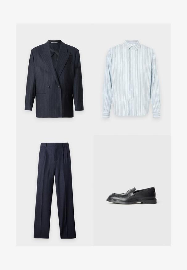 Blazer de rayas navy de doble botonadura con solapas anchas, hecho de una tela texturizada. Presenta bolsillos parche y dos botones.; Camisa de manga larga de color azul claro con rayas verticales estrechas en blanco y negro, cuello puntiagudo, mostrada sobre un fondo blanco.; Pantalones de lana azul marino con un corte ajustado, que presentan un frente plisado y piernas anchas. Textura suave y líneas limpias, adecuados para ocasiones formales.; Mocasines de cuero negro con acabado texturizado, que cuentan con una correa decorativa en la parte delantera y punta redondeada. Suela de goma para mayor durabilidad.