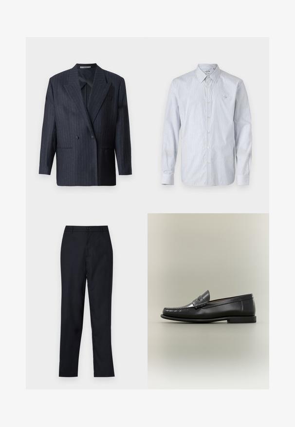 Navy striiped doppelt-knäppt blazer mit breiten Revers, aus strukturiertem Stoff. Verfügt über aufgesetzte Taschen und zwei Knöpfe.; Raidalliset pitkät hihat -paita vaaleansinisestä ja valkoisesta puuvillasekoitteesta. Mukana napitus, klassinen kaulus ja pieni brodeerattu logo rinnassa.; Tummansiniset housut, jotka on valmistettu sileästä kankaasta. Housuissa on suora lahjemuotoilu, nappikiinnitys ja hienovaraiset etuohjelmat.; Miesten musta nahkainen loafer, jossa on moc-toe-muotoilu, penny-hihna ja matala korko neutraalilla taustalla.