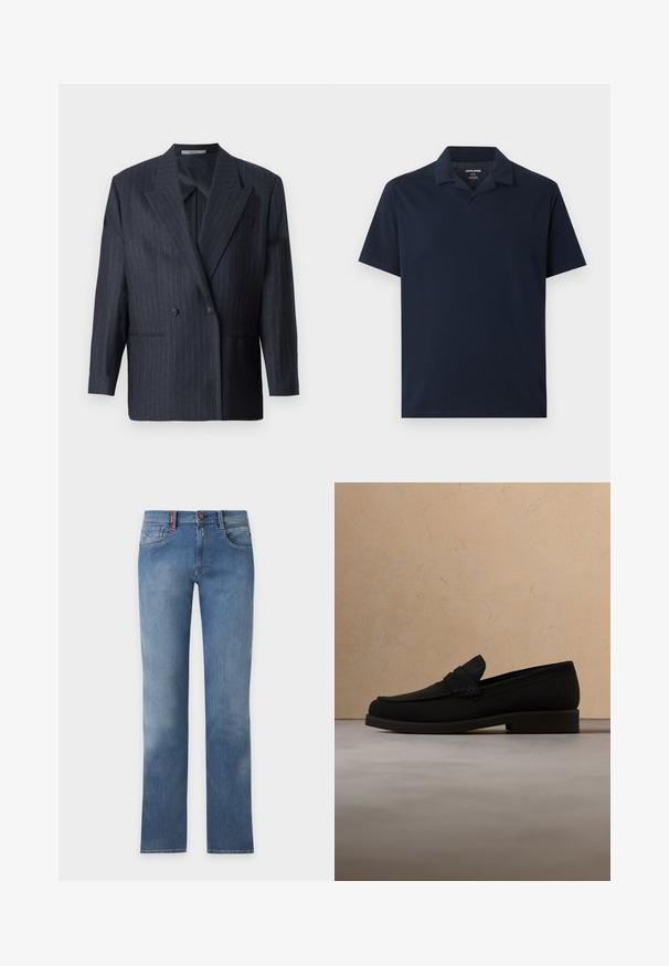 Marineblauwe gestreepte dubbelgeknoopte blazer met brede revers, gemaakt van een textuurstof. Voorzien van opgestikte zakken en twee knopen.; Marineblauw poloshirt met korte mouwen, kraag, open V-hals en een mediumgewicht stof, plat gelegd op een lichtgrijze achtergrond.; Blauwe rechte spijkerbroek met voor- en achterzakken, knoop- en ritssluiting, en lichte vervaging op dijen en knieën.; Zwarte leren loaferschoen zweeft boven een beige tapijt met een beige gestoffeerde bank op de achtergrond.