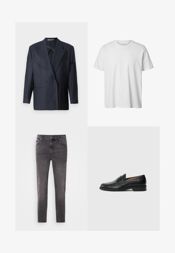 Blazer de rayas navy de doble botonadura con solapas anchas, hecho de una tela texturizada. Presenta bolsillos parche y dos botones.; Camiseta blanca lisa de manga corta con cuello redondo, corte holgado y sin logos o diseños visibles en el frente.; Jeans de denim gris con un diseño ajustado, cinco bolsillos, cierre de cremallera y botón. Presenta un ligero desvanecimiento y una textura suave.; Mocasines de cuero negro con punta redonda, que cuentan con un detalle de correa frontal y un tacón bajo y sólido. Textura suave y diseño estilizado.