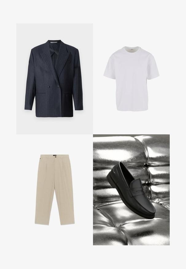 Marineblauwe gestreepte dubbelgeknoopte blazer met brede revers, gemaakt van een textuurstof. Voorzien van opgestikte zakken en twee knopen.; Witte T-shirt met korte mouwen van zacht katoen, met een ronde halslijn en een ontspannen pasvorm met rechte zoom. Geen patronen of accenten zichtbaar.; Beige broek gemaakt van lichtgewicht stof met een gestructureerde afwerking. Voorzien van een recht model, voorplooien en een enkele knoopsluiting.; Zwarte leren mocassins met een gladde textuur, voorzien van stikdetails en een klassiek ontwerp, gepresenteerd tegen een metalen, glanzende achtergrond.