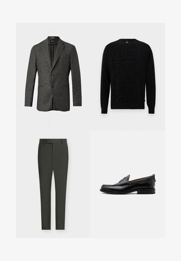 Blazer de hombre en gris oscuro con dos botones en la parte frontal, solapas con muesca y un bolsillo en el pecho, mostrado sobre un fondo claro y liso.; Jersey negro con un sutil patrón en relieve, cuello redondo, puños y dobladillo acanalados, confeccionado con tela suave para comodidad y calidez.; Pantalones entallados de corte slim en verde oscuro con trabillas para cinturón y cierre delantero oculto, exhibidos sobre un fondo claro.; Mocasín de hombre de piel negra con costura moc toe, tira penny, cuello texturizado y tacón bajo apilado sobre fondo blanco.
