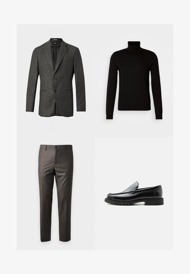 Donkergrijze herenblazer met twee voorknopen, notch revers en een borstzak, weergegeven tegen een effen lichte achtergrond.; Zwarte coltrui van fijn gebreide stof, met lange mouwen en een getailleerde pasvorm. Gladde textuur met geribbelde manchetten.; Bruine visgraatbroek met een slim fit, voorzien van een knoopsluiting aan de voorkant en zijzakken, gemaakt van een gestructureerde stof met een subtiele glans.; Zwarte leren loafer met dikke rubberen zool, gestikte bovenkant en gegraveerde merknaam op de hiel, zijaanzicht op witte achtergrond.