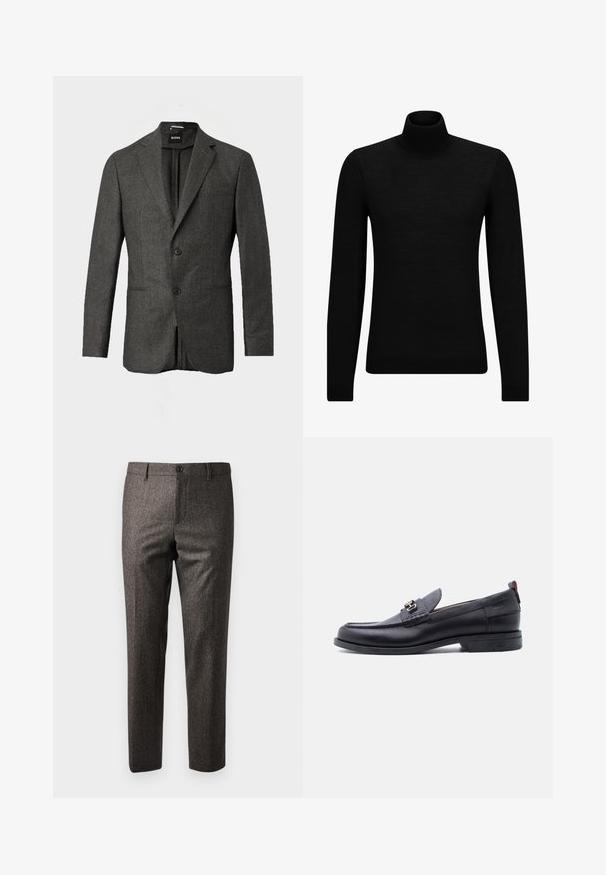 Blazer de hombre en gris oscuro con dos botones en la parte frontal, solapas con muesca y un bolsillo en el pecho, mostrado sobre un fondo claro y liso.; Jersey de cuello alto negro hecho de un material suave, con mangas largas y un ajuste ceñido. Ribete acanalado en el dobladillo y los puños. Diseño simple.; Pantalones marrones de espiga con un corte ajustado, que presentan un cierre delantero de botón y bolsillos laterales, elaborados en una tela texturizada con un ligero brillo.; Mocasín de cuero negro con empeine gris texturizado, detalle de hebilla metálica plateada, tacón bajo y lengüeta para tirar en la parte trasera.