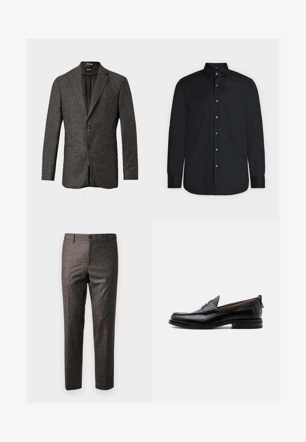 Blazer de hombre en gris oscuro con dos botones en la parte frontal, solapas con muesca y un bolsillo en el pecho, mostrado sobre un fondo claro y liso.; Camisa negra de manga larga con botones, cuello puntiagudo y botones blancos, mostrada plana sobre un fondo claro.; Pantalones marrones de espiga con un corte ajustado, que presentan un cierre delantero de botón y bolsillos laterales, elaborados en una tela texturizada con un ligero brillo.; Mocasín de hombre de piel negra con costura moc toe, tira penny, cuello texturizado y tacón bajo apilado sobre fondo blanco.