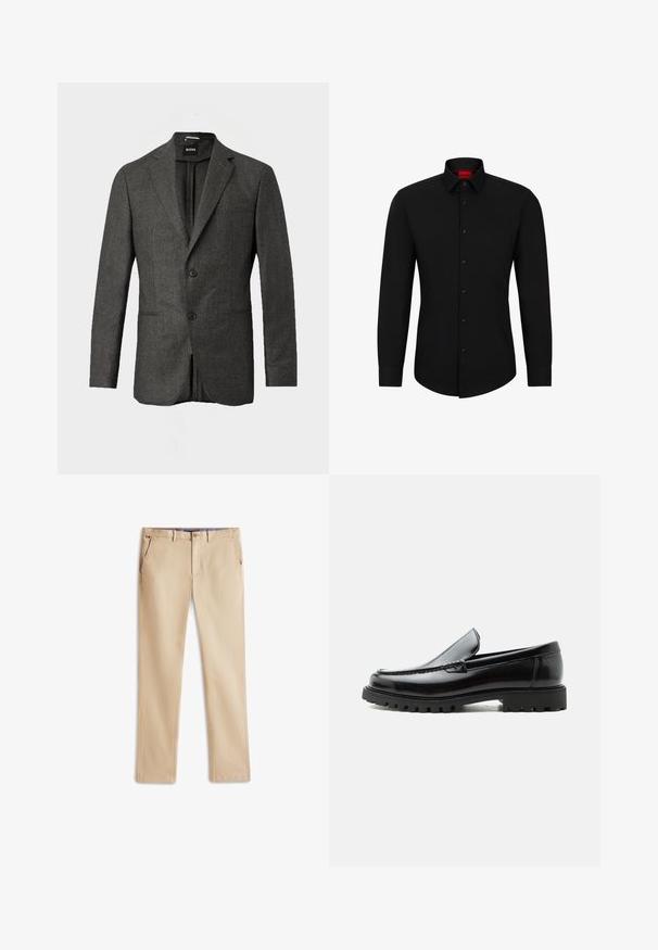 Donkergrijze herenblazer met twee voorknopen, notch revers en een borstzak, weergegeven tegen een effen lichte achtergrond.; Zwarte blouse met lange mouwen, knoopsluiting aan de voorkant, klassieke kraag en ronde onderkant; voorzien van zwarte knopen en een rood logo binnenin de kraag.; Beige chino's van katoen, met een rechte pijp ontwerp, twee voorkruiken en een subtiele logo-detail op de tailleband.; Zwarte leren loafer met dikke rubberen zool, gestikte bovenkant en gegraveerde merknaam op de hiel, zijaanzicht op witte achtergrond.