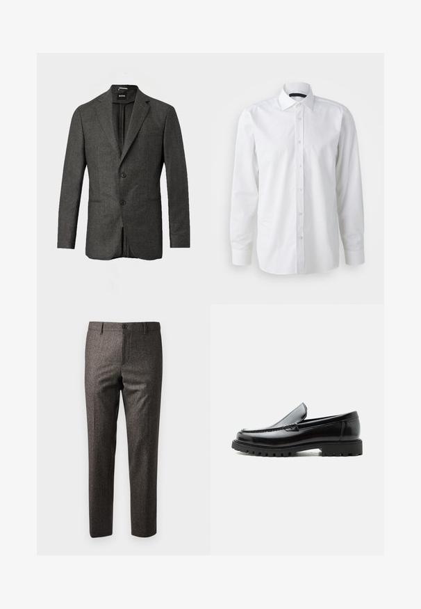 Blazer de hombre en gris oscuro con dos botones en la parte frontal, solapas con muesca y un bolsillo en el pecho, mostrado sobre un fondo claro y liso.; Camisa blanca de manga larga hecha de algodón. Presenta un cuello clásico, una parte delantera con botones y una textura suave con un brillo sutil.; Pantalones marrones de espiga con un corte ajustado, que presentan un cierre delantero de botón y bolsillos laterales, elaborados en una tela texturizada con un ligero brillo.; Mocasín de cuero negro con suela de goma gruesa, empeine cosido y nombre de la marca en relieve en el talón, mostrado en perfil lateral sobre fondo blanco.