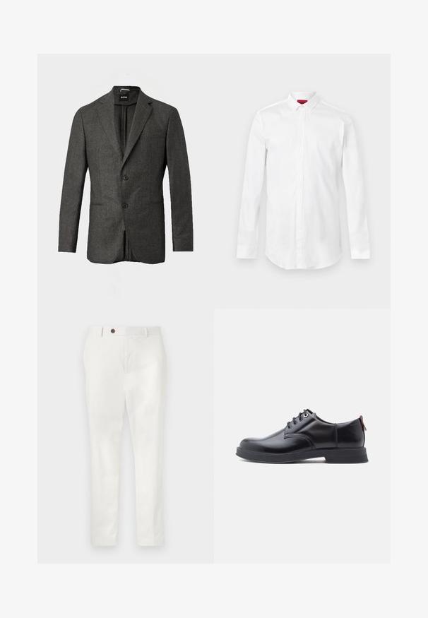 Blazer de hombre en gris oscuro con dos botones en la parte frontal, solapas con muesca y un bolsillo en el pecho, mostrado sobre un fondo claro y liso.; Camisa blanca de manga larga con cuello puntiagudo y tapeta de botones oculta, mostrada sobre un fondo liso y claro.; Pantalones blancos hechos de una tela ligera, con un diseño de pierna recta, un solo botón marrón en la cintura y un estilo minimalista.; Zapatos de piel negra con cordones, textura lisa, puntera redondeada y detalles sutiles de costura. Cuentan con una lengüeta roja en el talón.