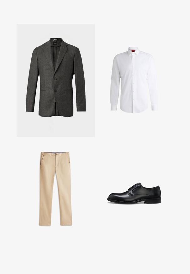 Blazer de hombre en gris oscuro con dos botones en la parte frontal, solapas con muesca y un bolsillo en el pecho, mostrado sobre un fondo claro y liso.; Camisa blanca de botones, confeccionada en tela suave, con collar clásico, mangas largas y dobladillo curvado. Presenta botones beige en la parte delantera.; Chinos beige de algodón, con un diseño de pierna recta, dos bolsillos delanteros y un sutil detalle de logo en la cintura.; Zapato de vestir para hombre de cuero negro pulido con cordones cerrados, tacón bajo y detalle sutil de marca cerca del talón sobre un fondo blanco.