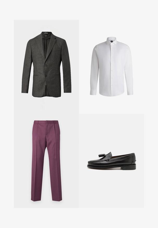 Blazer de hombre en gris oscuro con dos botones en la parte frontal, solapas con muesca y un bolsillo en el pecho, mostrado sobre un fondo claro y liso.; Camisa blanca de manga larga hecha de algodón suave, con un cuello clásico, botonera completa y puños abotonados. Diseño minimalista.; Pantalones morados a rayas con piernas rectas, diseño ajustado y bolsillos frontales. Hechos de un tejido liviano, cuentan con pasadores de cinturón y pliegue frontal.; Mocasines de cuero negro con costuras de mocasín, punta redonda y acento de borlas. Tacón plano con una textura suave, diseñados para uso casual.