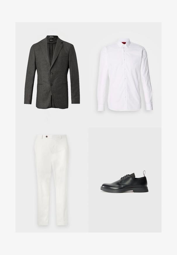 Mørkegrå herreblazer med to forknapper, notched lapels og en brystlomme, vist mod en ensfarvet lys baggrund.; Hvid skjorte med lange ærmer, knap-front og klassisk krave, fremstillet i en blød bomulds kvalitet.; Hvide bukser lavet af letvægtsstof, med lige ben, en enkelt brun knap i taljen og minimalistisk stil.; Sorte læder snøresko med en glat overflade, rund tå og minimalistisk design. Har en subtil kontrasterende hæftning og gummisål.
